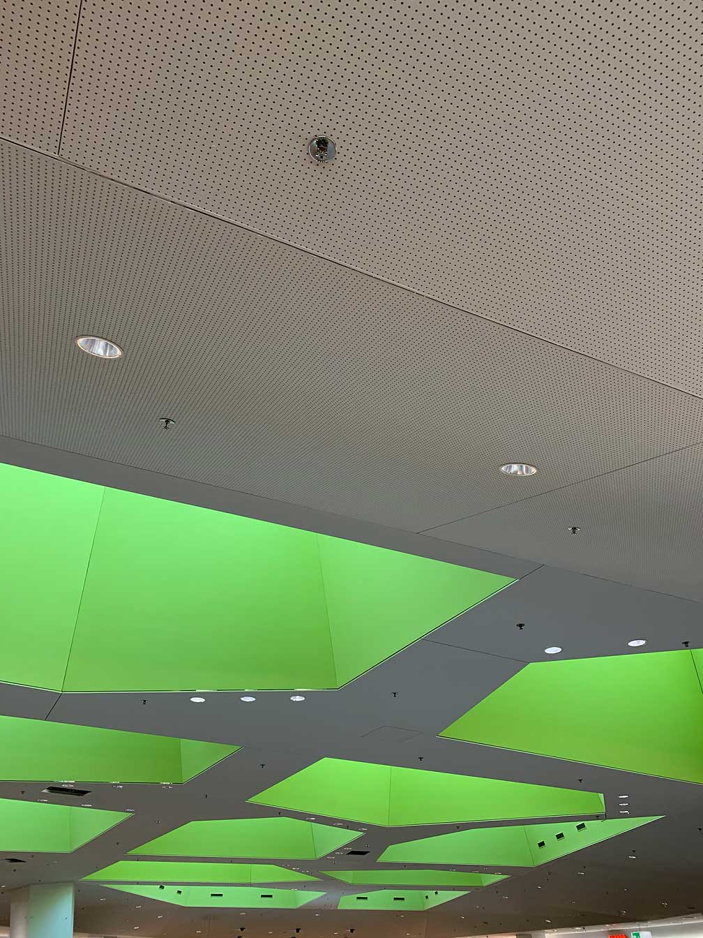 Schallschutzdeckenplatten in grün und grau mit LED Lampen eingebaut, MainMichel Trockenbau